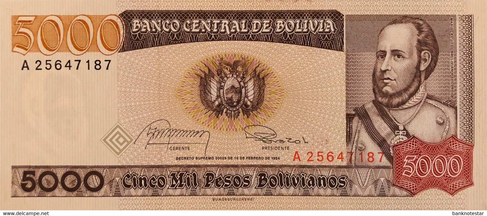 Bolivia 5.000 Pesos Bolivianos, P-168 (D.10.2.1984) - UNC - Signature Variety - Bolivie