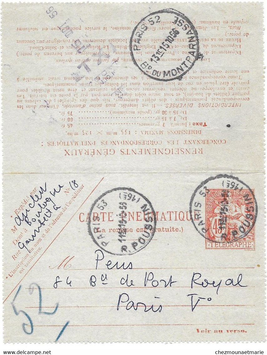 1956 PARIS - PIERRE AUCLERT PIANISTE POUR PEUS - CARTE PNEUMATIQUE OBL RUE POUSSIN MONTPARNASSE - Pneumatiques