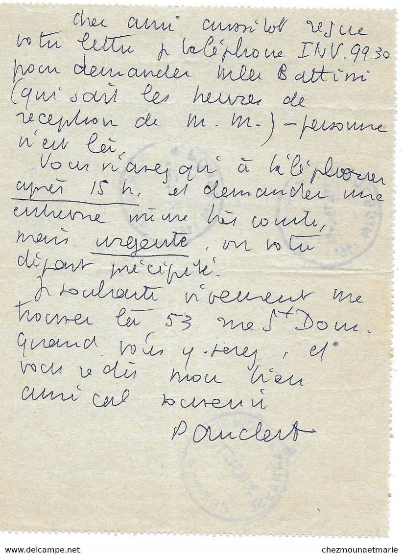 1956 PARIS - PIERRE AUCLERT PIANISTE POUR PEUS - CARTE PNEUMATIQUE OBL RUE POUSSIN MONTPARNASSE - Pneumatic Post