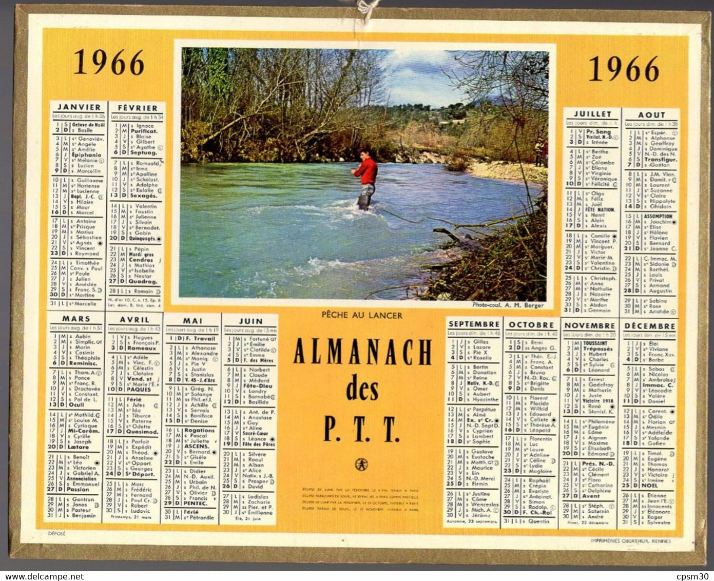 CALENDRIER GF 1966 - Pèche Au Lancer, Imprimeur Oberthur Rennes - Grand Format : 1961-70