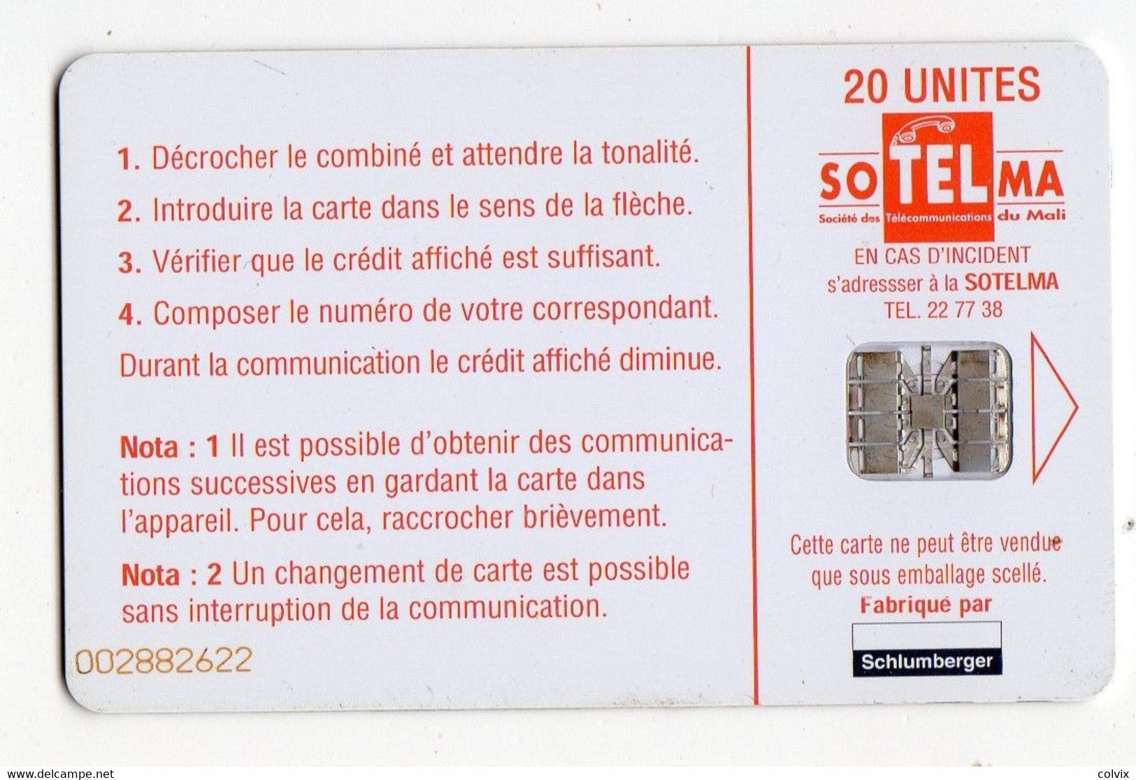 MALI REF MV CARDS MAL-25 20U BANDIAGARA (au Verso Logo Schlumberger NOIR) - Mali