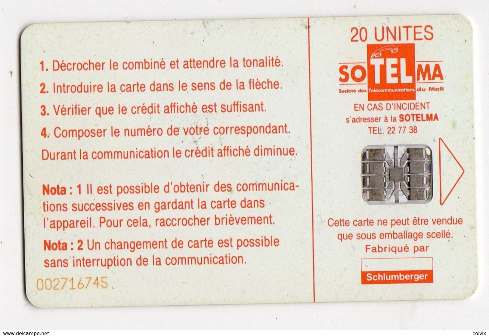 MALI REF MV CARDS MAL-26 20U BANDIAGARA (au Verso Logo Schlumberger ROUGE) - Mali