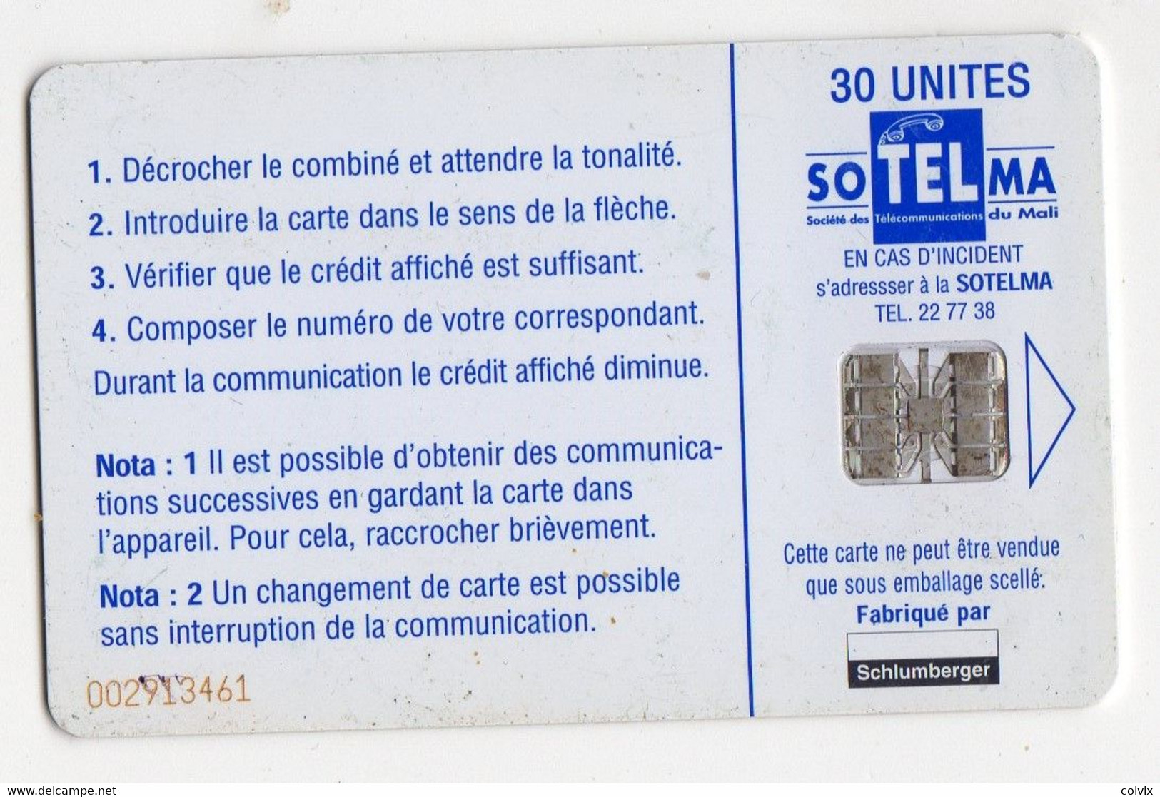 MALI REF MV CARDS MAL-28 30U TOMBOUCTOU (au Verso Logo Schlumberger NOIR) - Malí