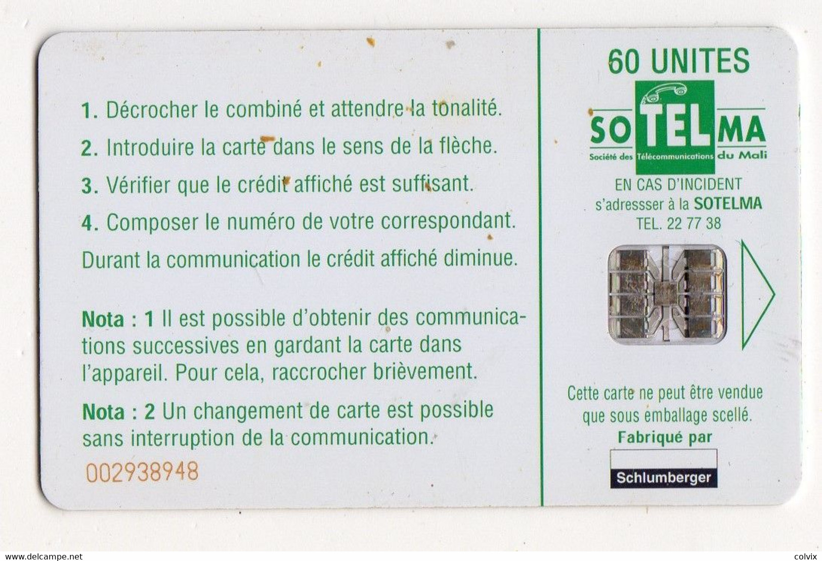 MALI REF MV CARDS MAL-30 60U SIKASSO (au Verso Logo Schlumberger NOIR) - Mali