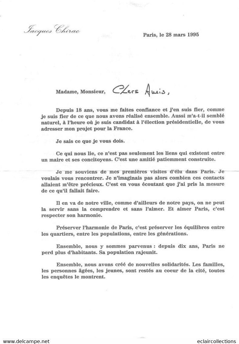 Documentation De 1994 De Jacques Chirac Maire Et Candidat A L'élection Présidentielle     (voir Scan Et Commentaires) - Zonder Classificatie