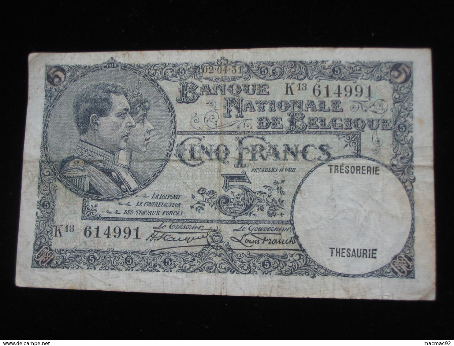 BELGIQUE - 5 Francs - VYF FRANK 1931  - Banque Nationale De Belgique  **** EN ACHAT IMMEDIAT **** - Altri & Non Classificati