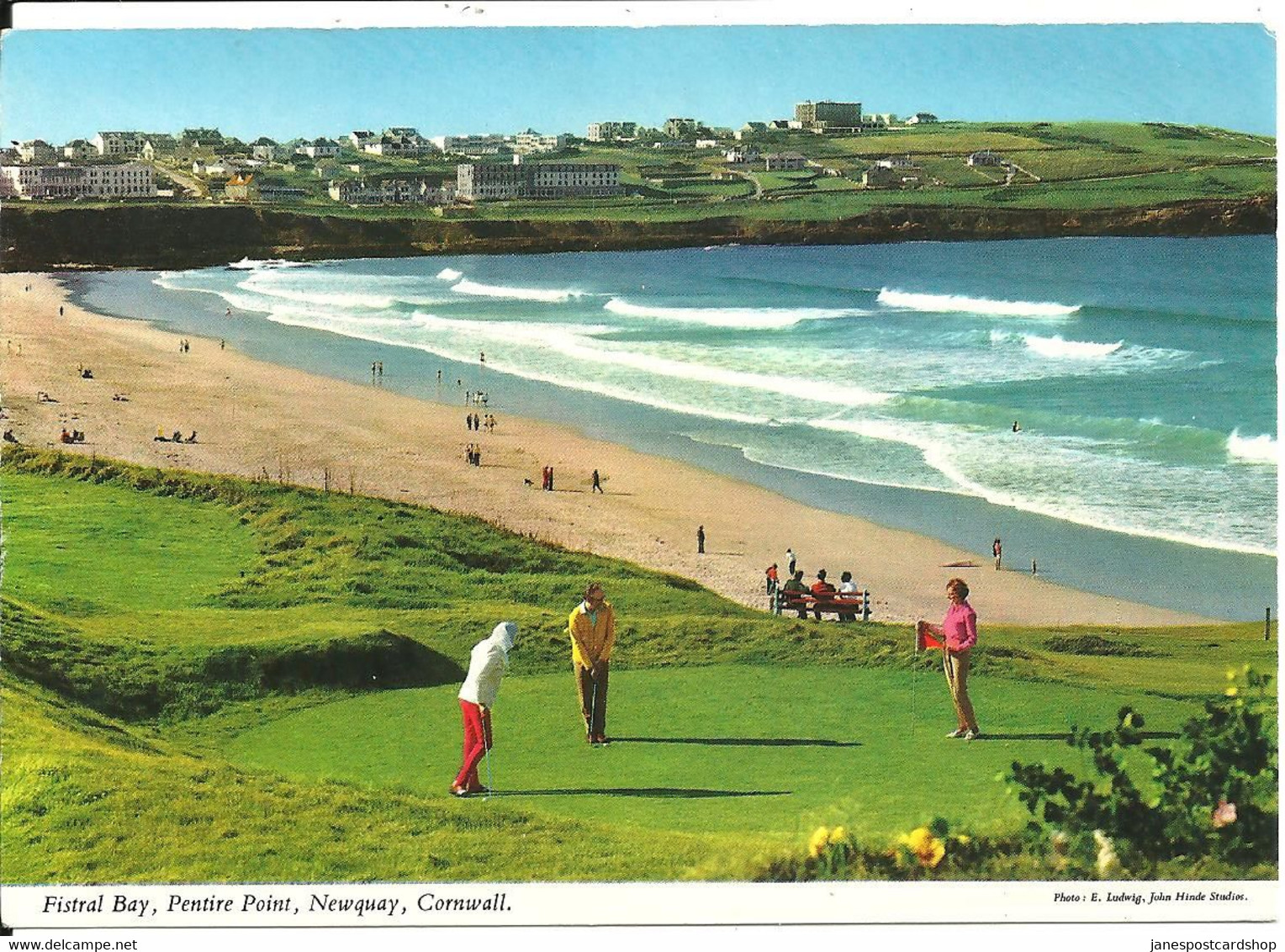 LARGER SIZED COLOURED POSTCARD - FISTRAL BAY - PENTIRE POINT - NEWQUAY - CORNWALL - GOLF - Newquay
