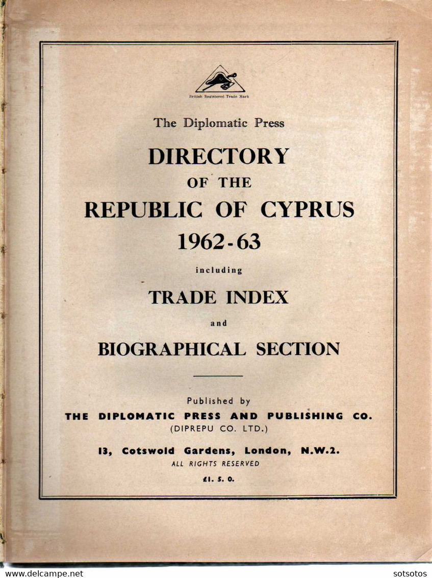 Directory Of The Republic Of Cyprus 1962-63, Including Trade Index And Biographical Section - Published By The Diplomati - Europa