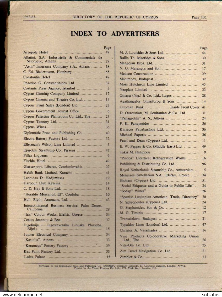 Directory of the Republic of Cyprus 1962-63, including Trade Index and Biographical Section - published by The Diplomati