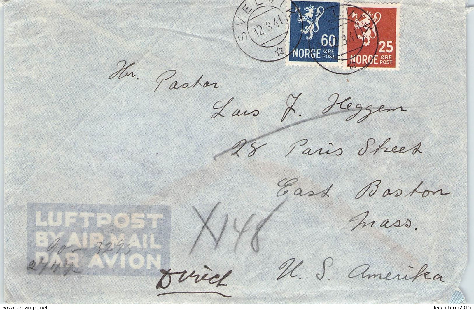 NORWAY - AIRMAIL 12.3.1941 SVELVIK > USA /QE 32 - Storia Postale