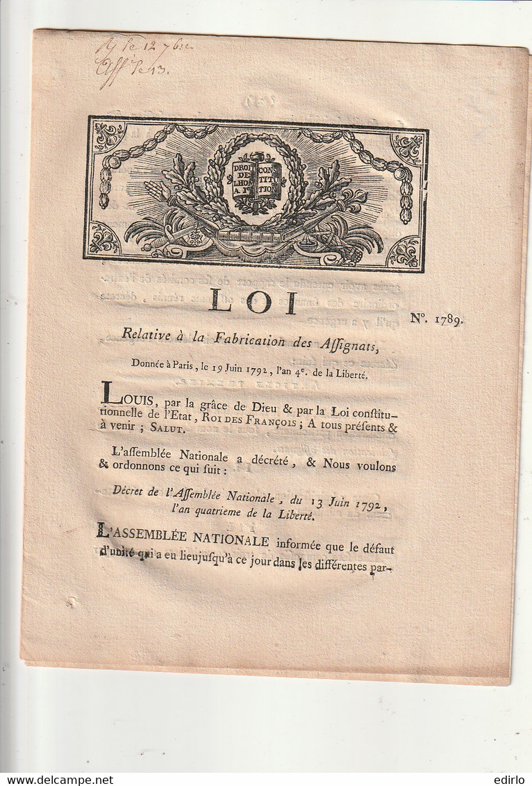 ***  ASSIGNAT *** Assignats  De Dix Sous Par 4 + Loi Relative à La Fabrication Des Assignats EXCELLENT état - ...-1889 Francos Ancianos Circulantes Durante XIXesimo