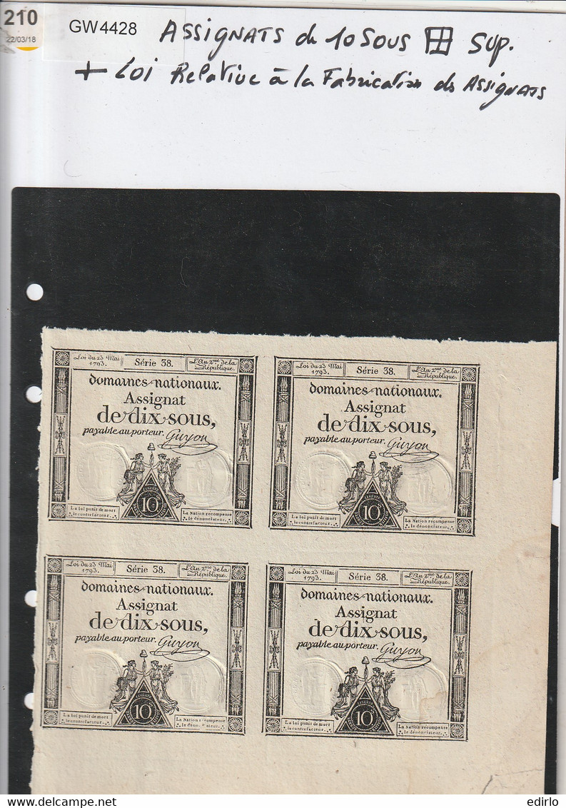 ***  ASSIGNAT *** Assignats  De Dix Sous Par 4 + Loi Relative à La Fabrication Des Assignats EXCELLENT état - ...-1889 Tijdens De XIXde In Omloop