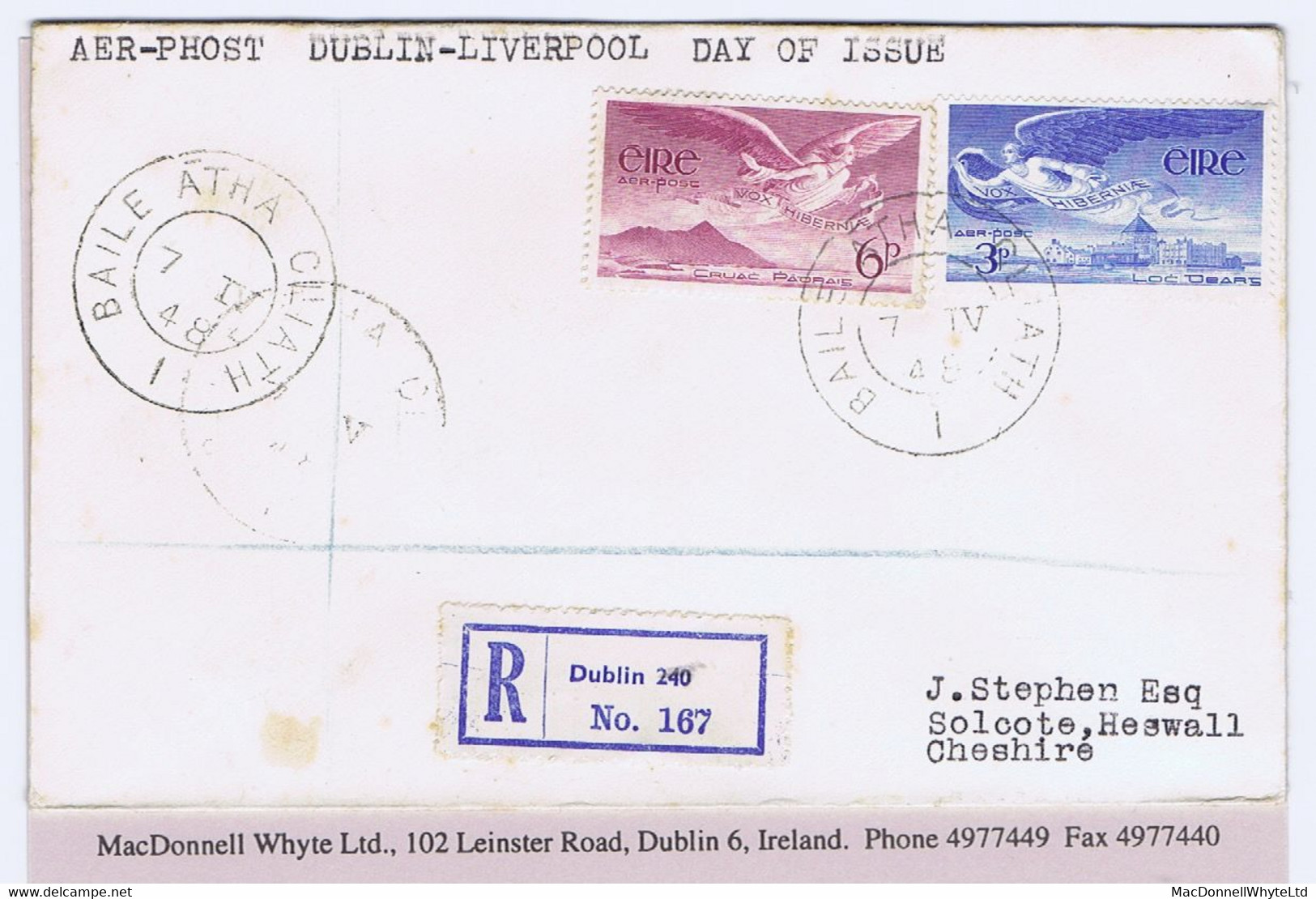 Ireland Airmail 1948 Angel Victor 3d And 6d On Registered Flown First Day Cover To England Via Dublin - Liverpool 7 VI 4 - Aéreo