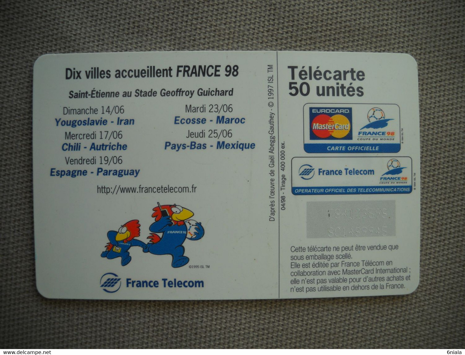 6918 Télécarte  Collection Football  COUPE DU MONDE FRANCE 98  Saint ETIENNE  Stade G.GUICHARD   (scans Recto Verso) - Deportes