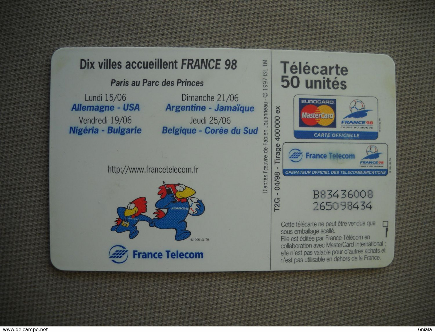6920 Télécarte  Collection Football  COUPE DU MONDE FRANCE 98  PARIS Parc Des Princes   (scans Recto Verso) - Sport