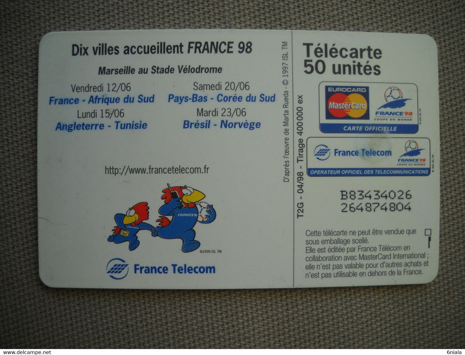 6922 Télécarte  Collection Football  COUPE DU MONDE FRANCE 98 MARSEILLE Stade VELODROME (scans Recto Verso) - Deportes