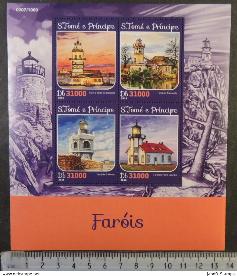 St Thomas 2016 Lighthouses Donzela Tower Allainville El Morro Point Cabrillo M/sheet Mnh - Feuilles Complètes Et Multiples