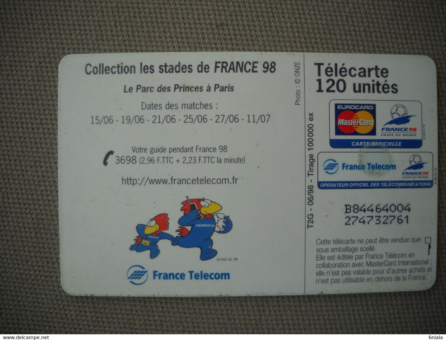 6929 Télécarte  Collection Football  FRANCE 98 Coupe Du Monde PARIS PARC DES PRINCES     (scans Recto Verso) 120U - Deportes