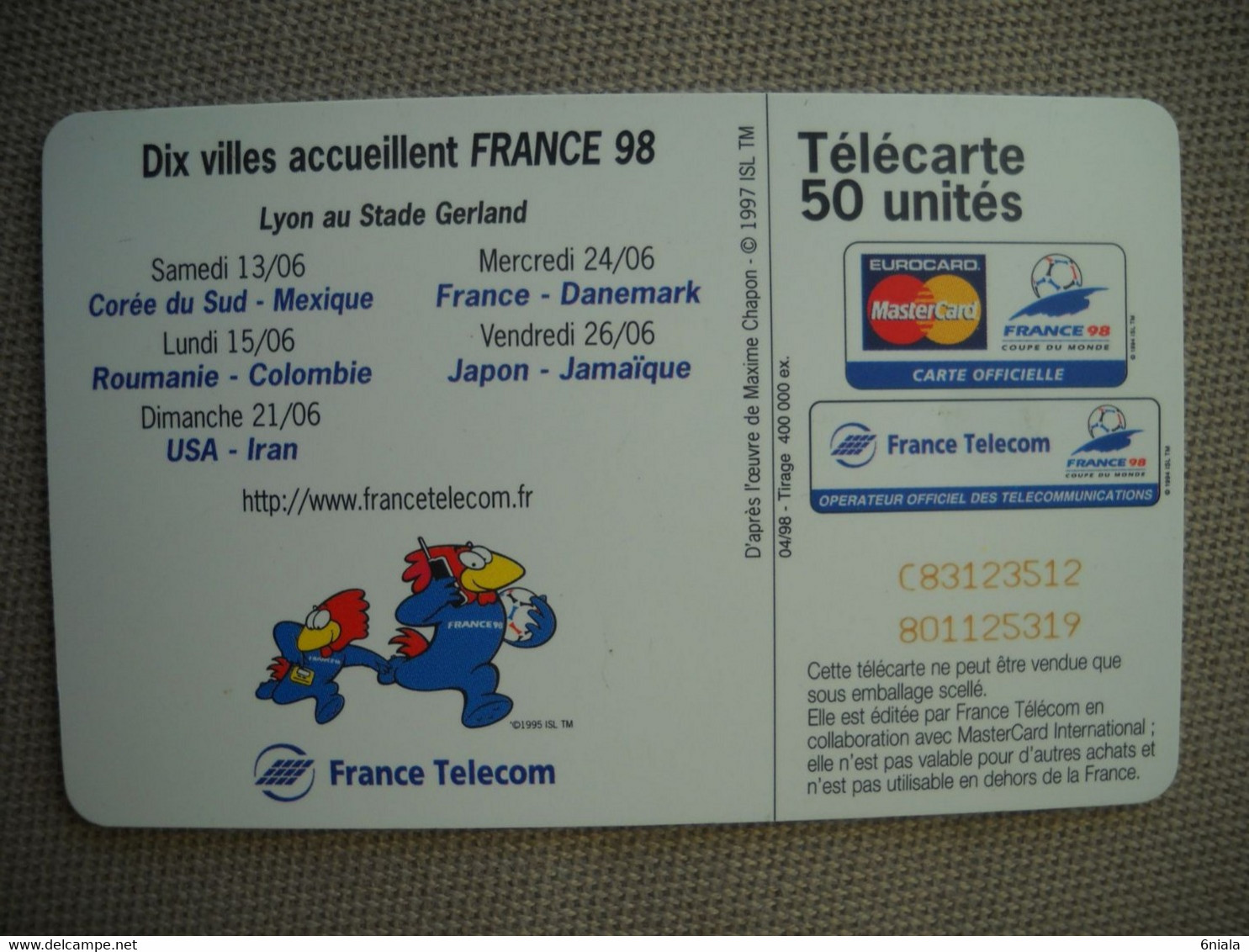 6935 Télécarte  Collection Football  FRANCE 98 Coupe Du Monde LYON Stade GERLAND    (scans Recto Verso) 50U - Sport