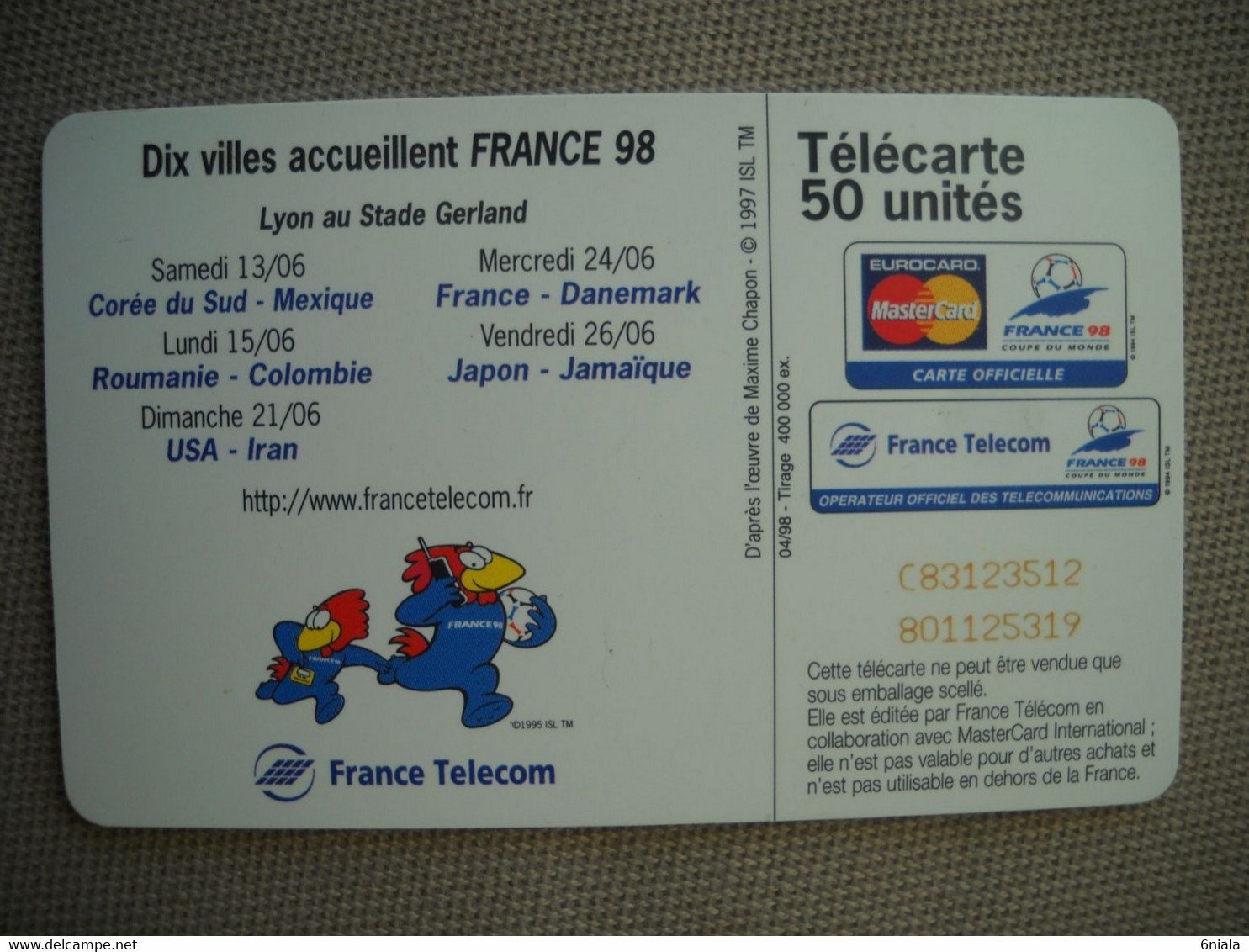 6935 Télécarte  Collection Football  FRANCE 98 Coupe Du Monde LYON Stade GERLAND    (scans Recto Verso) 50U - Deportes