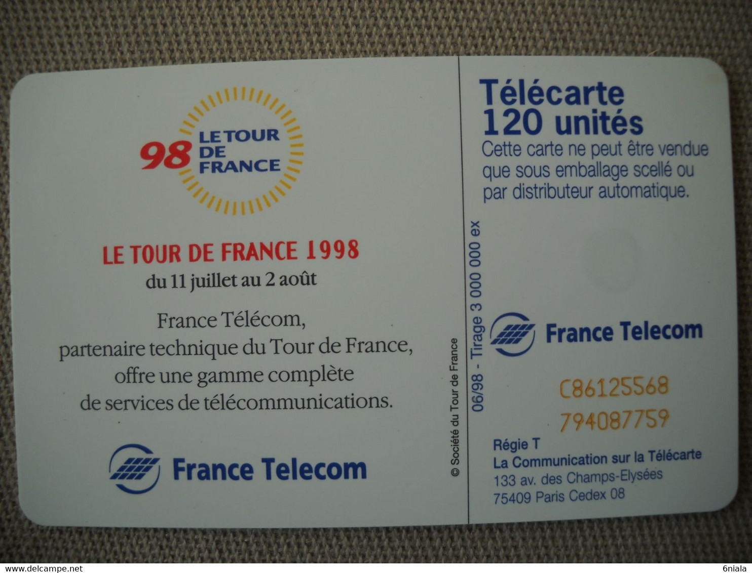 6936 Télécarte  Collection Cyclisme Tour De FRANCE 1998  Vélo   (scans Recto Verso) 120 U - Sport