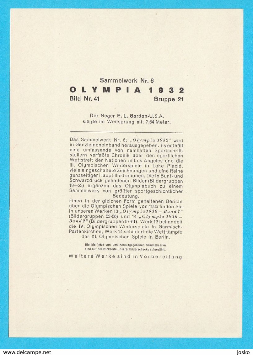 ED L. GORDON (USA) Olympic Games 1932 Los Angeles * GOLD - LONG JUMP * Original Old Card * Athletics Athletisme Atletica - Trading-Karten