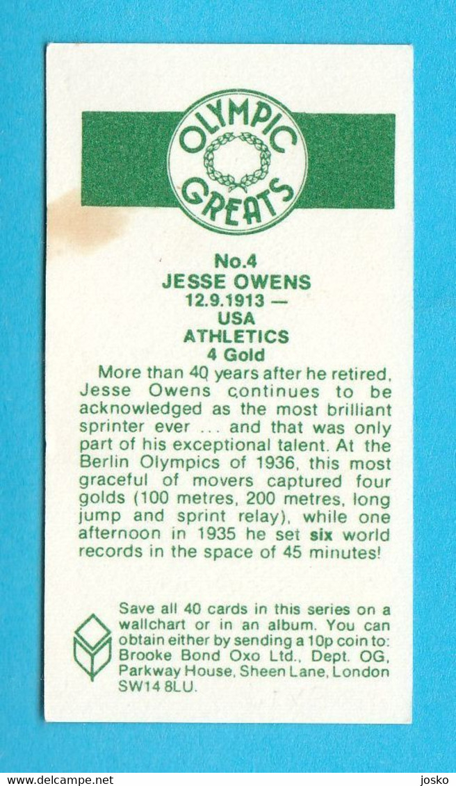 JESSE OWENS (USA) - Olympic Games 1936 Berlin * 4 GOLD MEDALS * Old Olympic Greats Card * Athletics Athletisme Atletica - Trading Cards