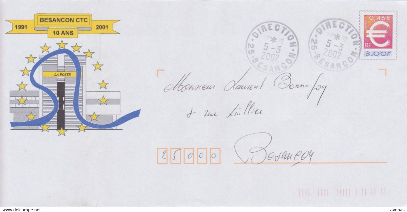 Lettre 2002 TàD Manuel DDP A9 DIRECTION Départementale 25 BESANCON Doubs Sur PAP Euro - 1961-....