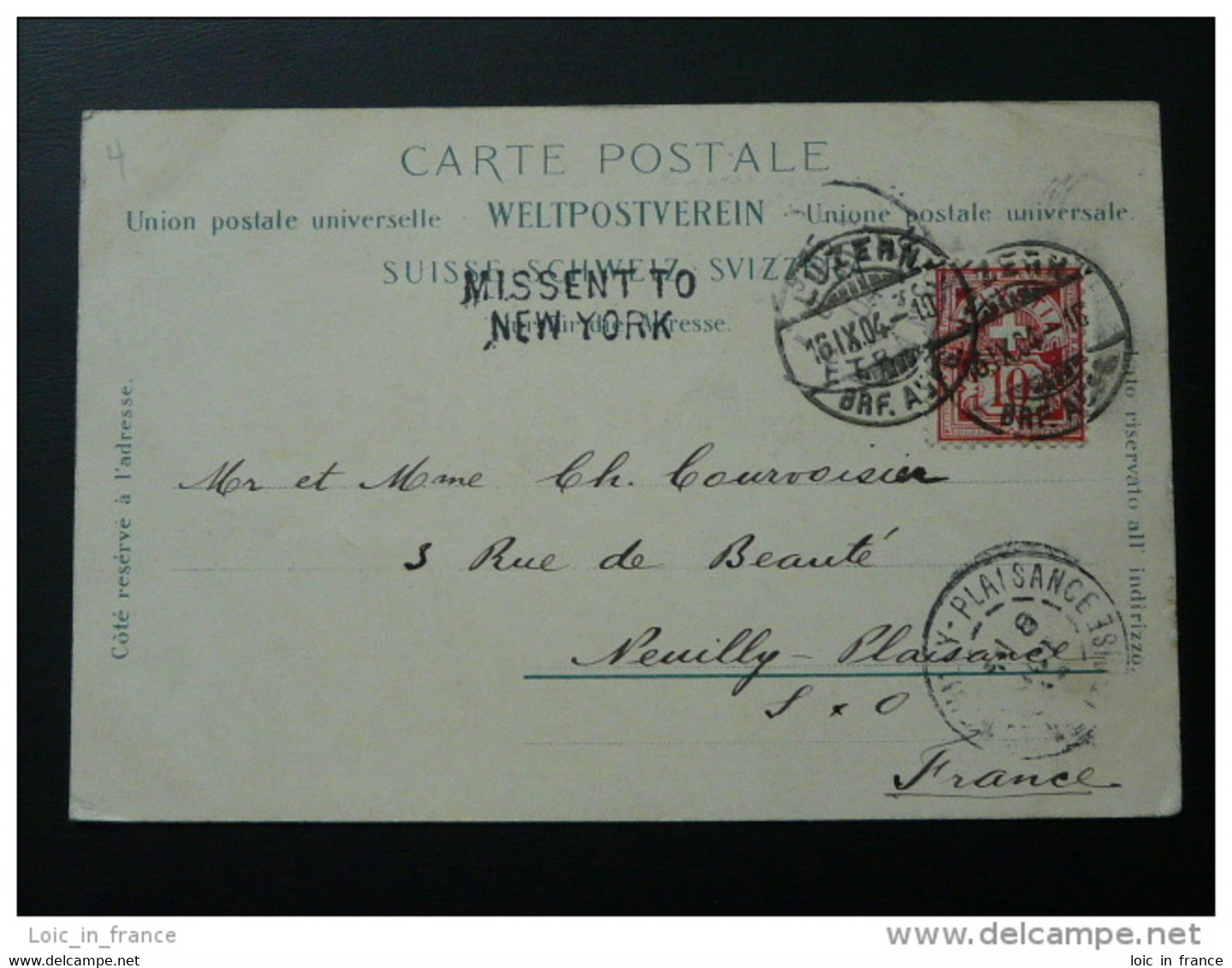 Carte Postale Oblitération Luzern Pour Neuilly Plaisance 1904 Avec Marque "missent To New York" - Briefe U. Dokumente