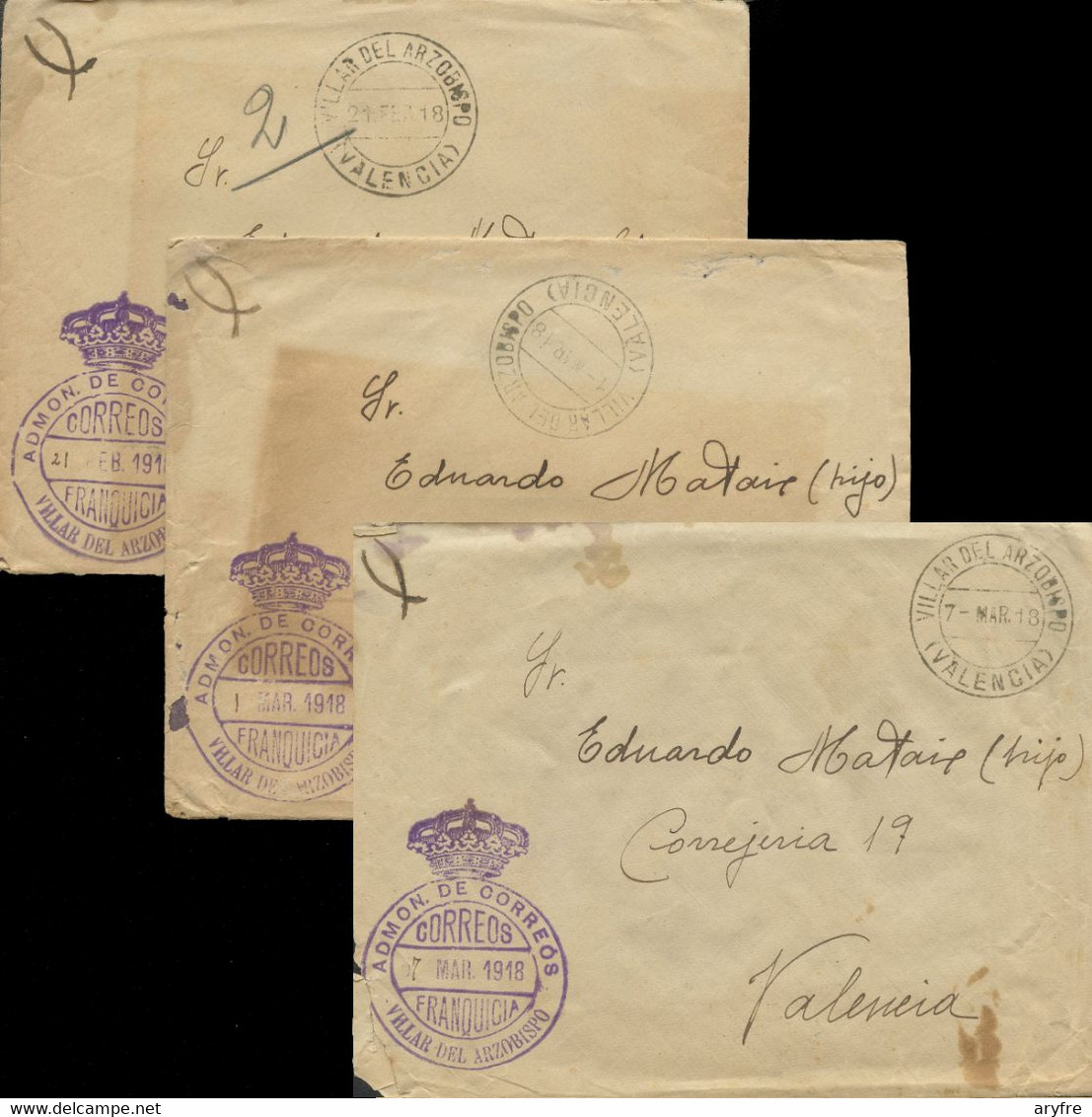 España. 2 Cartas Circuladas En Franquicia De Villar Del Arzobispo (Valencia). Año 1918. - Postage Free