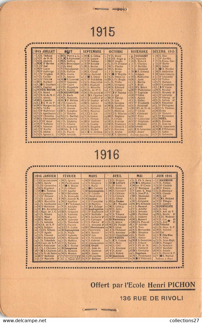 PARIS-75001-136 RUE DE RIVOLI- CARTES OFFERT PAR L'ECOLE HENRI PICHON - CARNET CALENDRIER 1915/1916 DE 4 CARTES - Arrondissement: 01