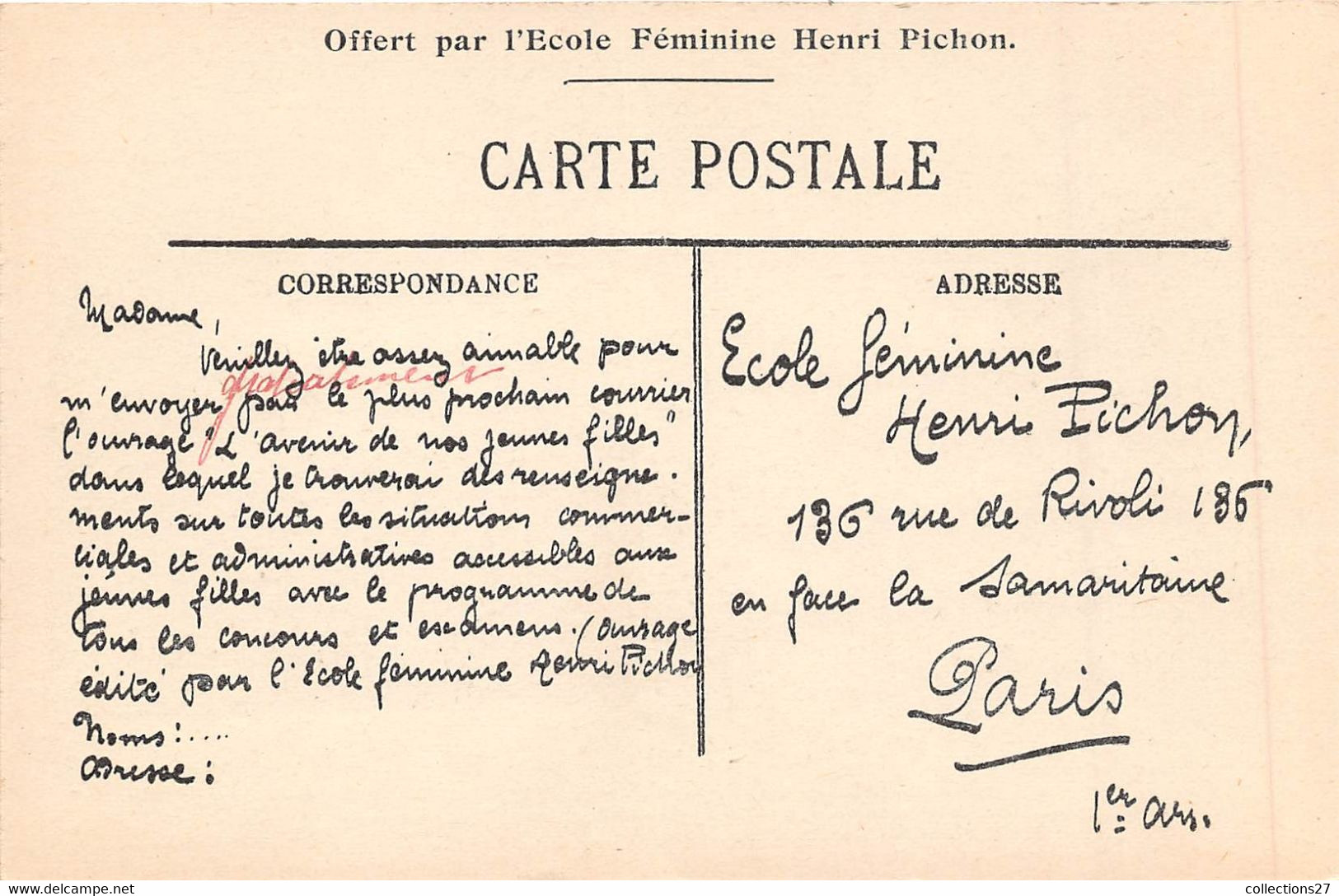 PARIS-75001-136 RUE DE RIVOLI- CARTES OFFERT PAR L'ECOLE HENRI PICHON - CARNET CALENDRIER 1915/1916 DE 4 CARTES