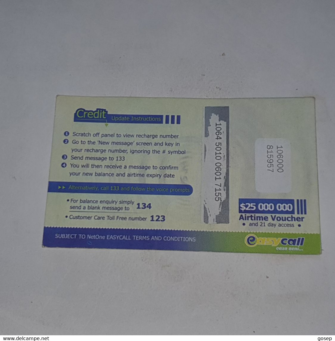 Zimbabwe-(zw-eas-ref-0001/4)-easy Call-(5)-(25.000.000)-(1064-5010-0601-7155)-used Card+1card Free - Simbabwe