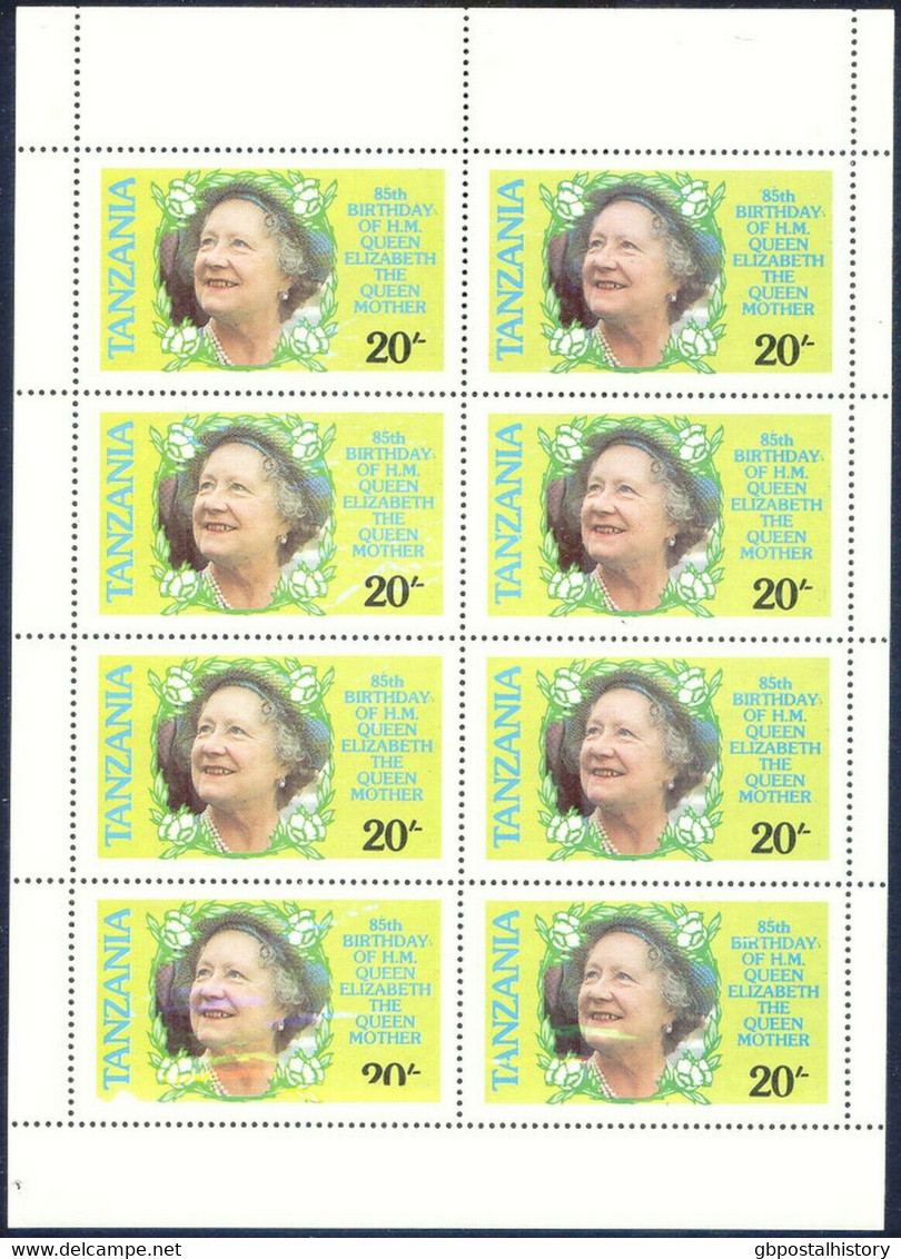 TANZANIA 1985 85th Birthday Queen Mother Elisabeth 20 Sh U/M Sheetlet VARIETIES - Tanzania (1964-...)