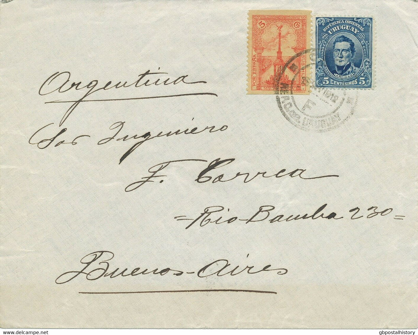 URUGUAY 1912 5 C Artigas + Propaganda Stamp 5 C Red "POR ESPANA" To ARGENTINA - Uruguay