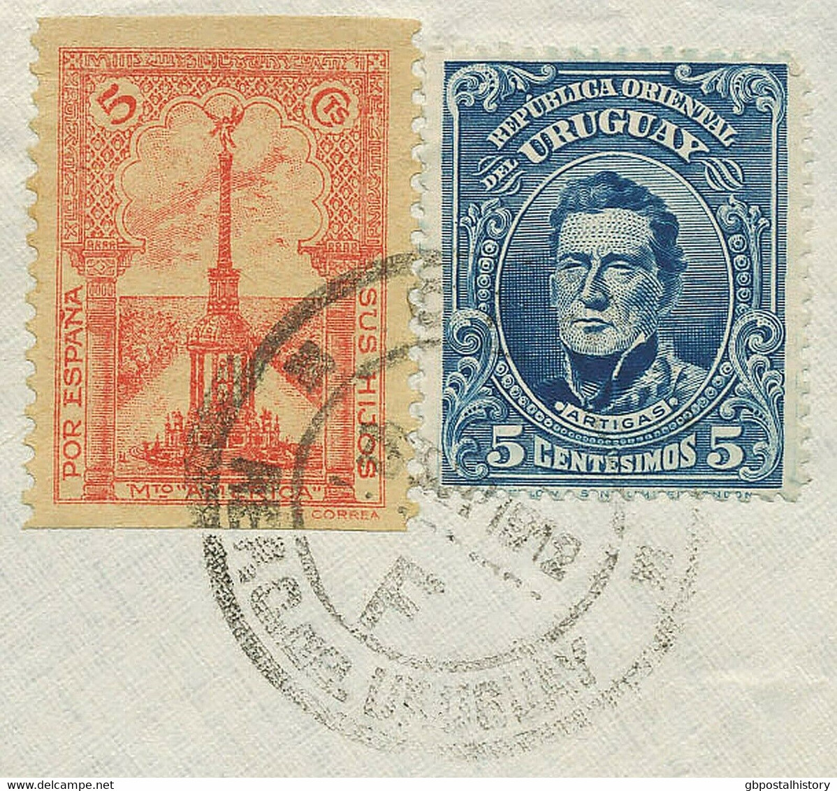 URUGUAY 1912 5 C Artigas + Propaganda Stamp 5 C Red "POR ESPANA" To ARGENTINA - Uruguay