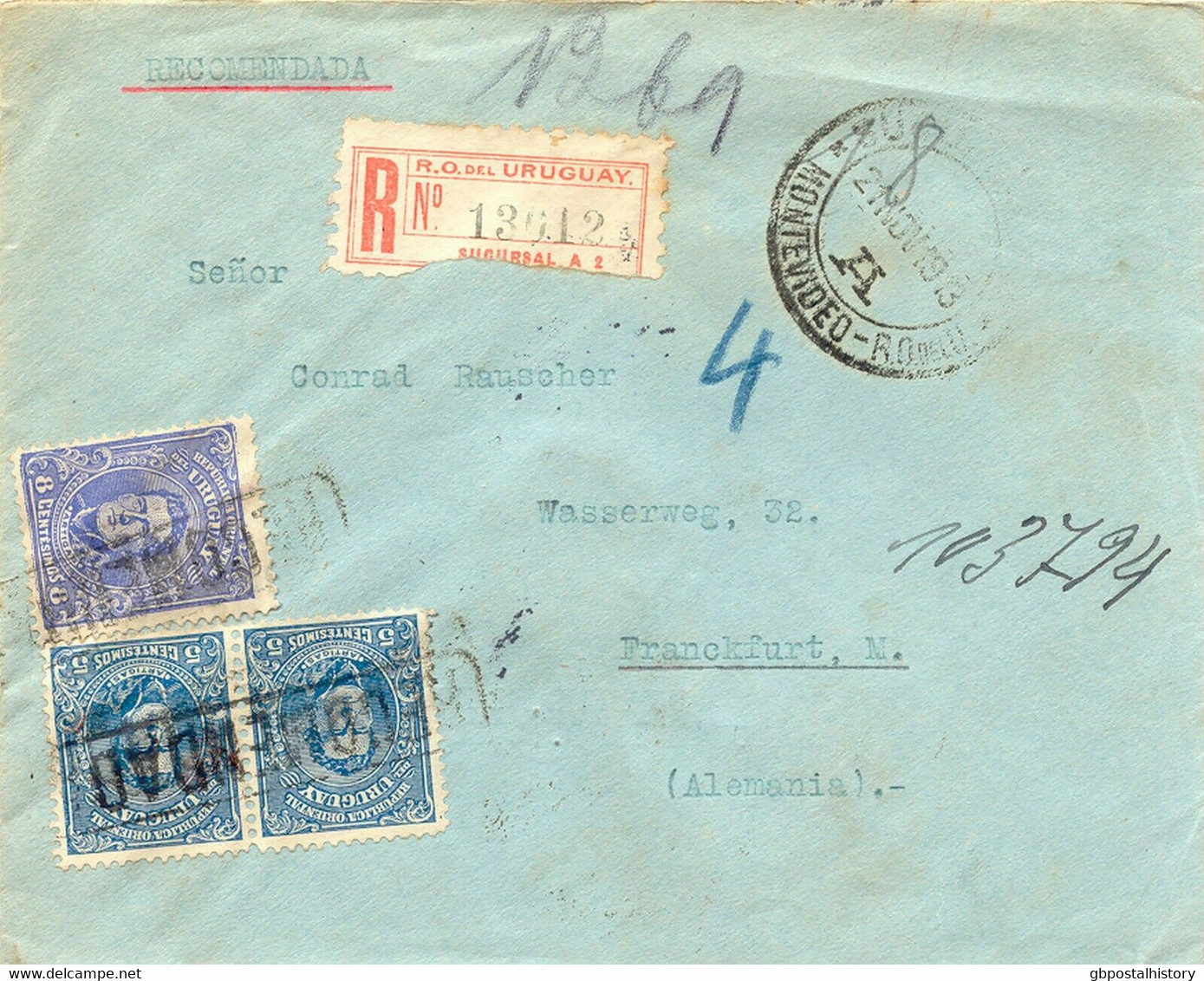 URUGUAY 1919 5 C. (2 X) And 8 C. Artigas On Very Fine R-cover To Frankfort RR!! - Uruguay