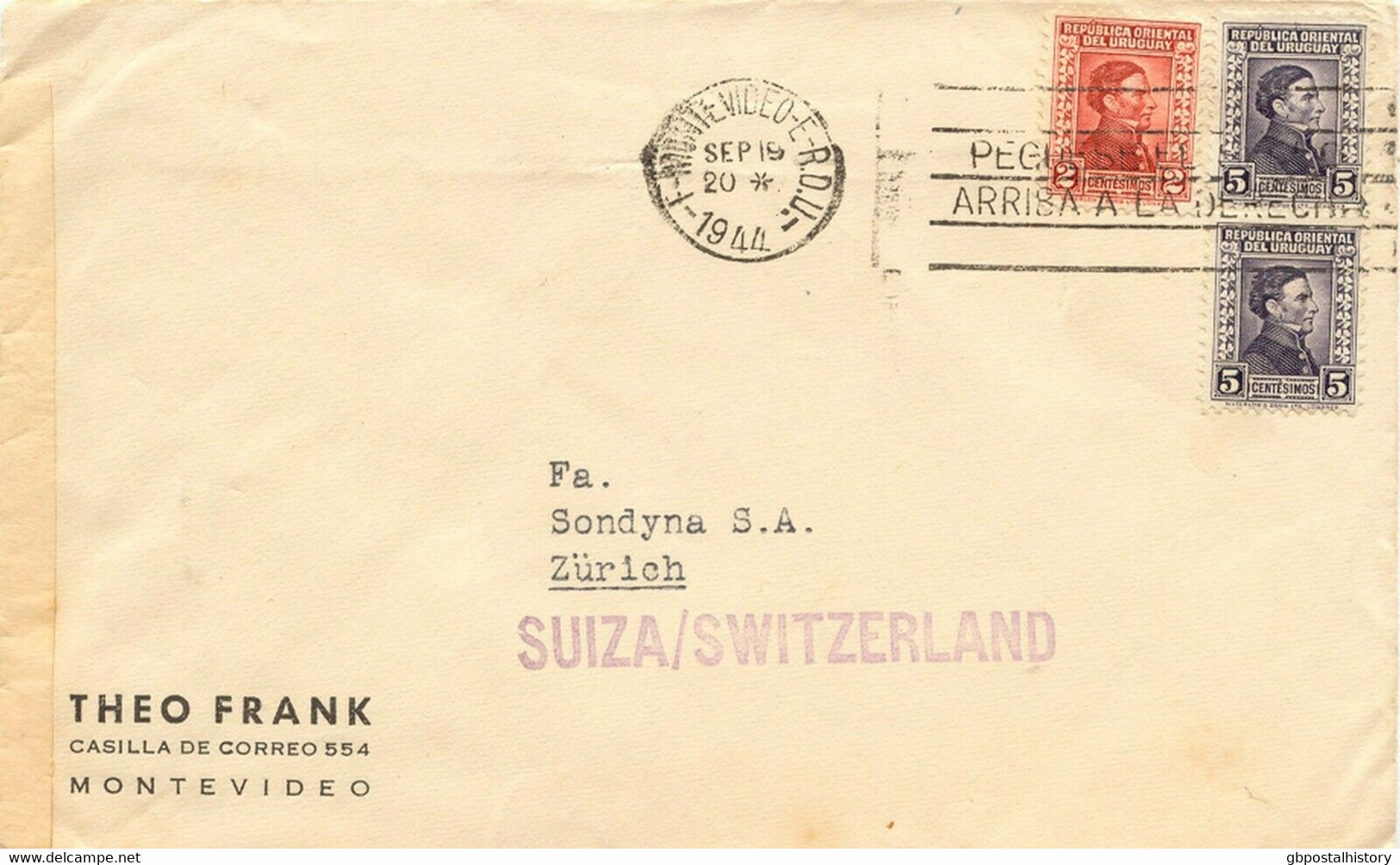 URUGUAY 1944 Mixed Postage Very Fine Censorship Letter From MONTEVIDEO To ZÜRICH - Uruguay
