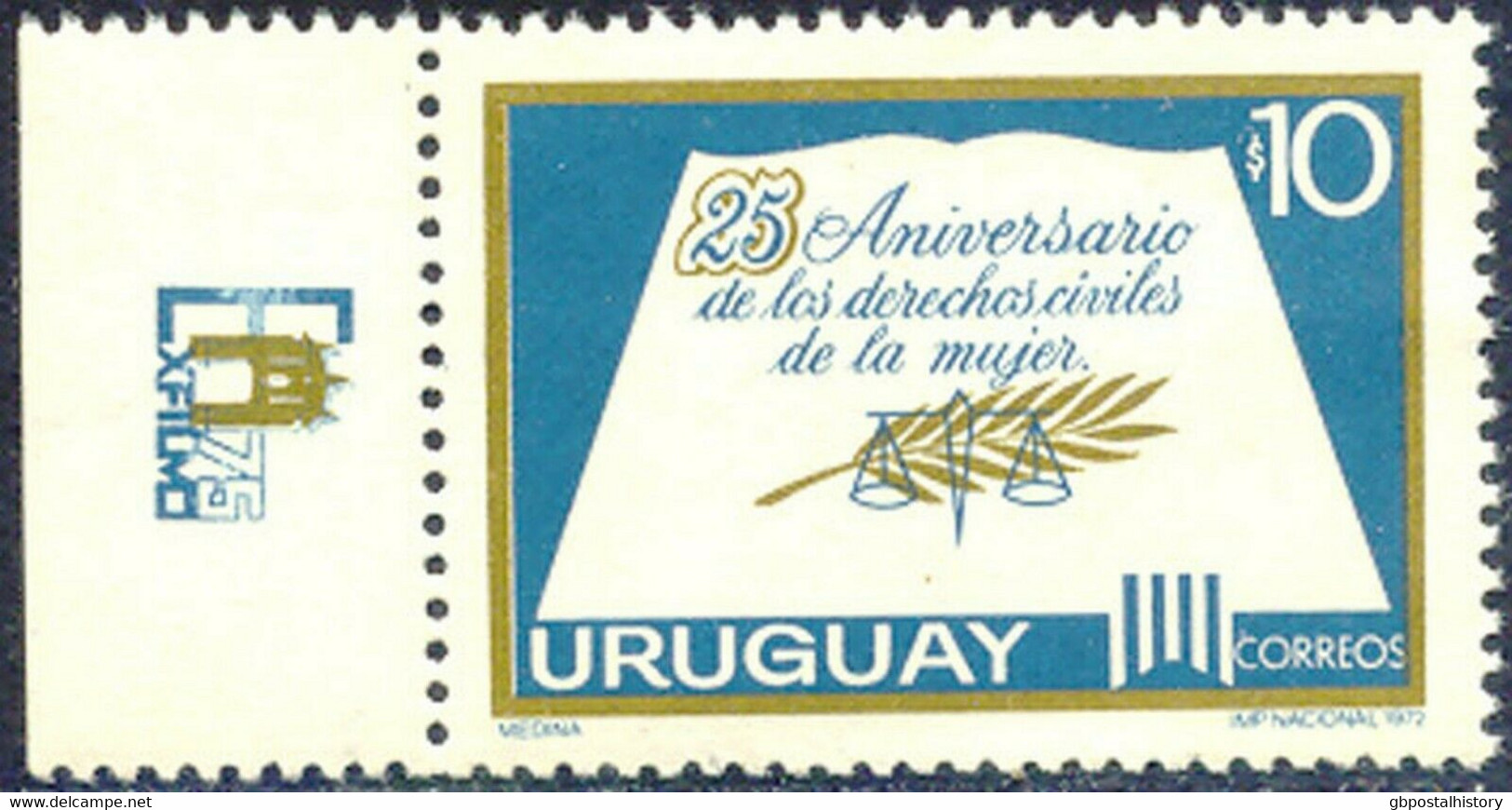 URUGUAY 1972 25 Years Women Civil Law 10 P. U/M MAJOR VARIETY MISSING COLOR BLUE - Uruguay