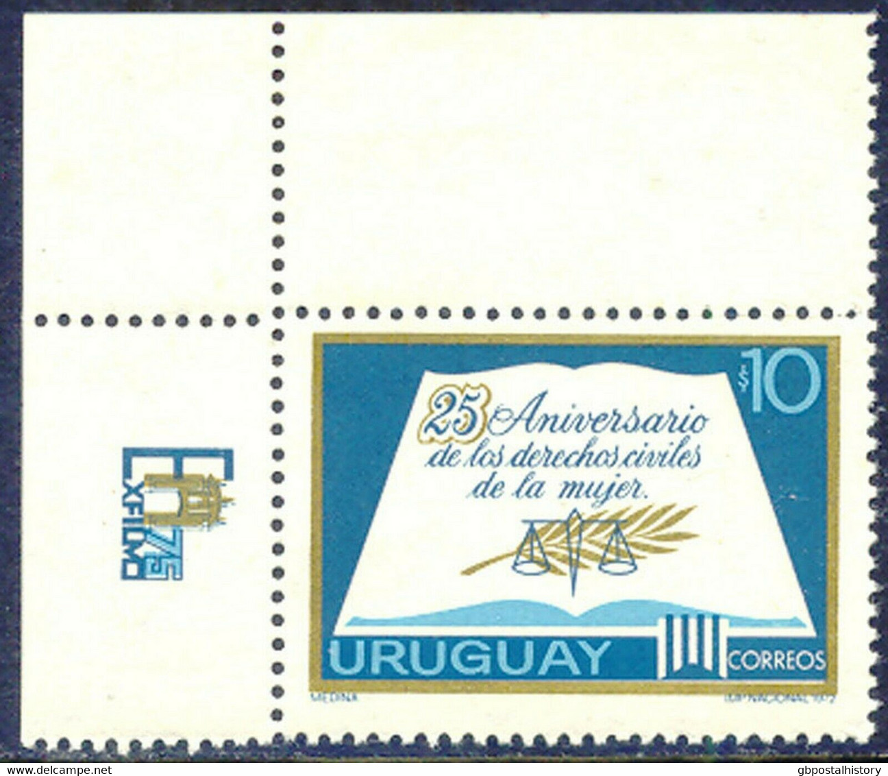 URUGUAY 1972 25 Years Women Civil Law 10 P. U/M MAJOR VARIETY MISSING COLOR BLUE - Uruguay