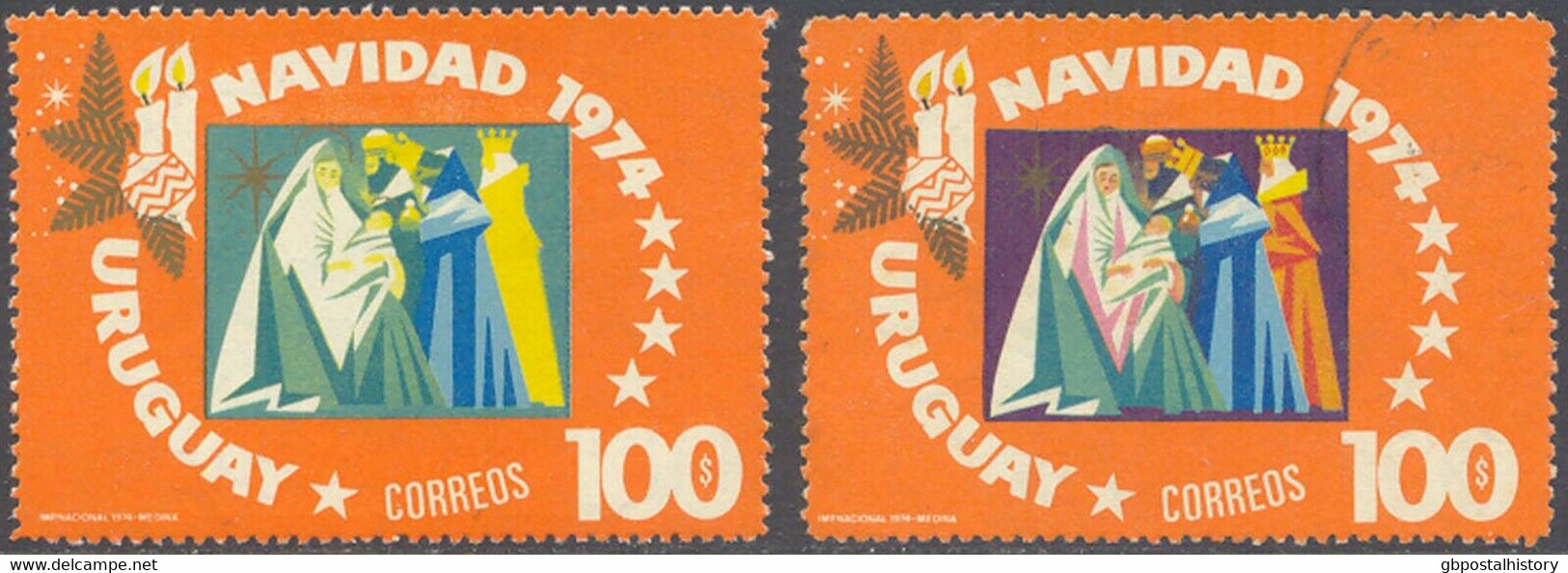 URUGUAY 1974 Christmas 100 P. U/M MAJOR VARIETY: MISSING COLORS RED And LILAC - Uruguay