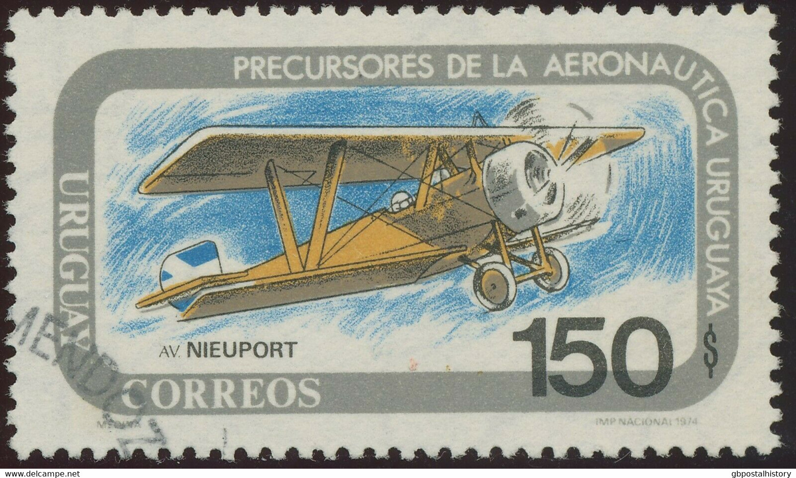 URUGUAY 1974 Pioneers Of Flying 150 P. Nieuport VFU MAJOR VARIETY MISSING COLOR - Uruguay