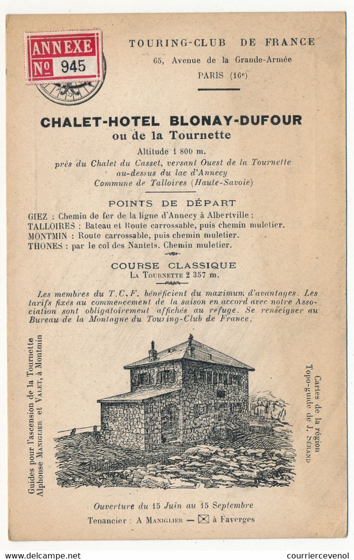 Fiche Descriptive - TALLOIRES (Haute Savoie)  - Touring Club De France - Chalet Hôtel Blonay-Dufour (de La Tourette) - Aardrijkskunde