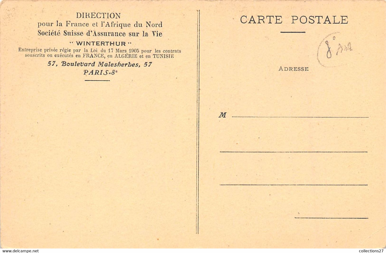 PARIS-75008-57 BDL MALESHERBE- WINTERTHUR STE SUISSE D'ASSURANCE SUR LA VIE Sig DE LA DiR POUR LA FRANCE ET L'AFRIQUE - Arrondissement: 08