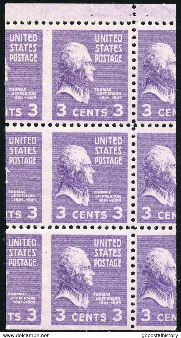 USA 1938 3 C Thomas Jefferson Postfr. 6-er-Block Vom Oberrand (ex. MH), ABARTEN - Varietà, Errori & Curiosità