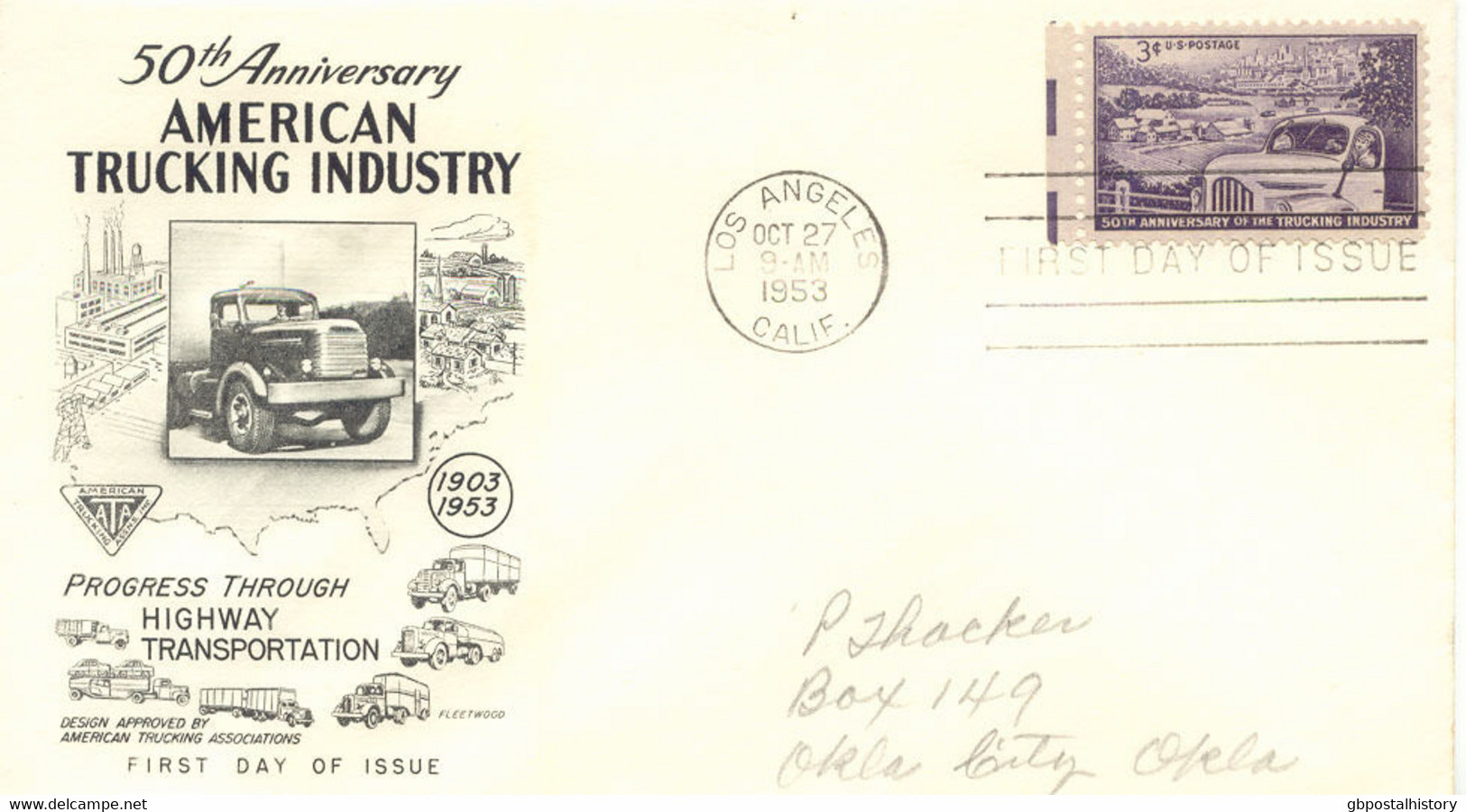 USA 1953 50 Years Truck Industry In The USA 3 C. VARIETY Colour-Error FDC's - 1951-1960