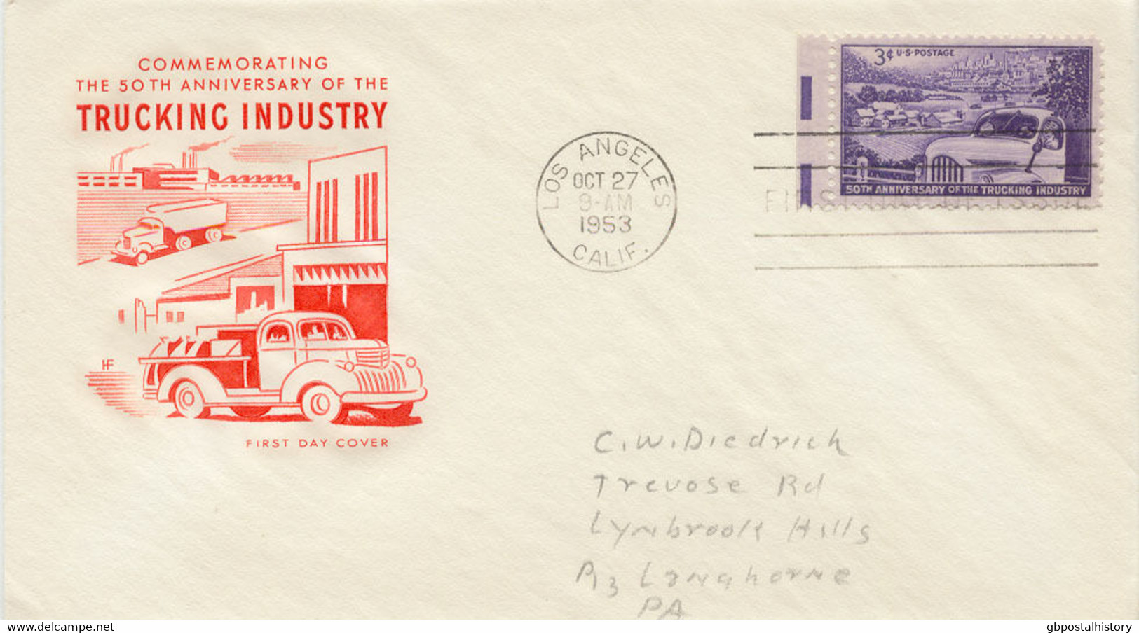 USA 1953 50 Years Truck Industry In The USA 3 C. VARIETY Colour-Error FDC's - 1951-1960