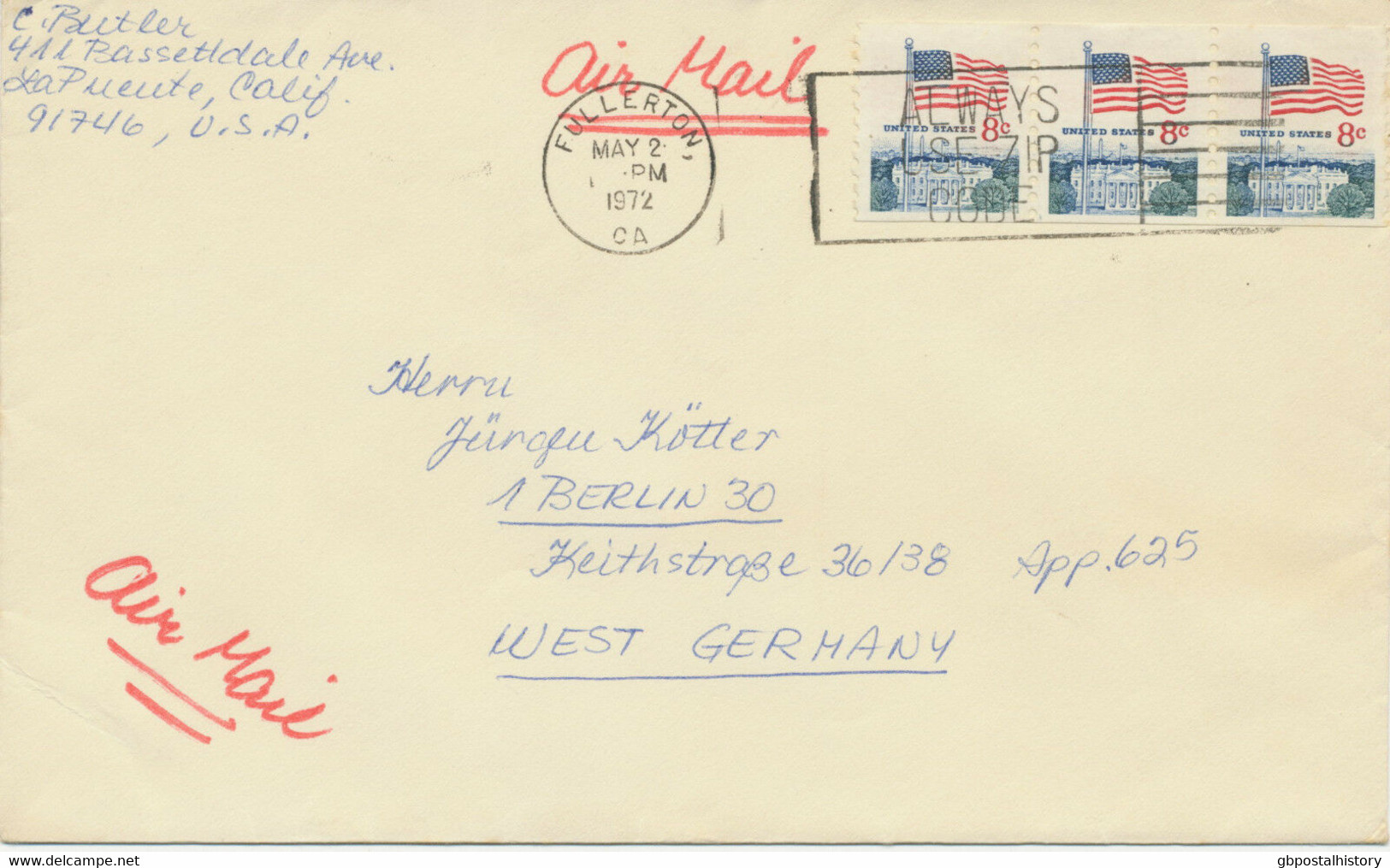 USA 1972 8 C Flag And White House Strip Of Three Superb Air Mail Cover VARIETIES - Storia Postale