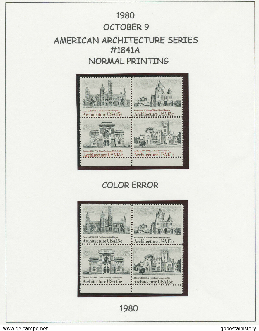 USA 1980 American Architectur U/M Se-tenant-4-blk VARIETIES MISSING COLOUR - Errors, Freaks & Oddities (EFOs)