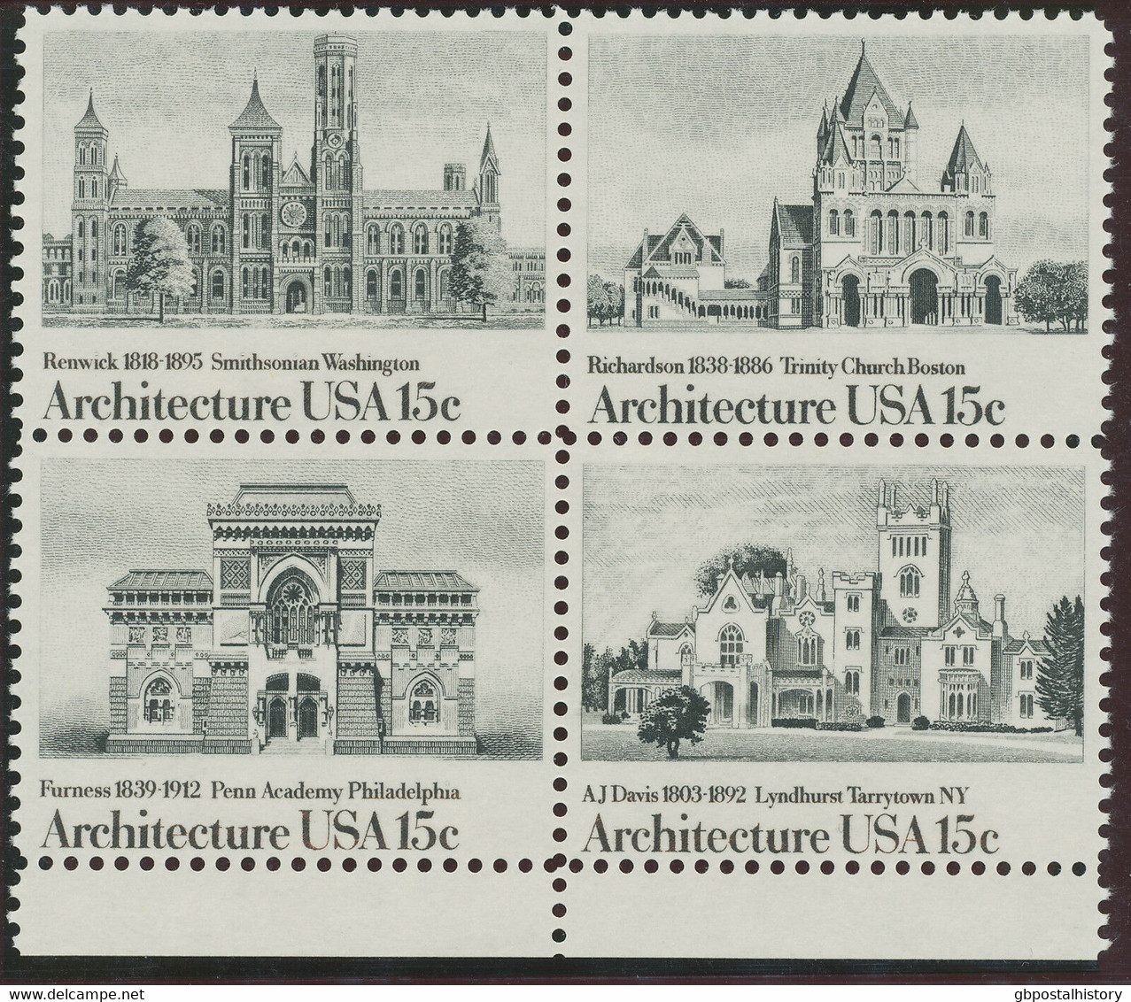 USA 1980 American Architectur U/M Se-tenant-4-blk VARIETIES MISSING COLOUR - Variedades, Errores & Curiosidades